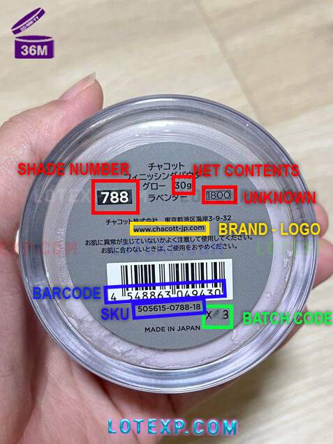 Check Chacott Batch Code 3 Chacott Body Lotion bottle, showing a lot number for date verification