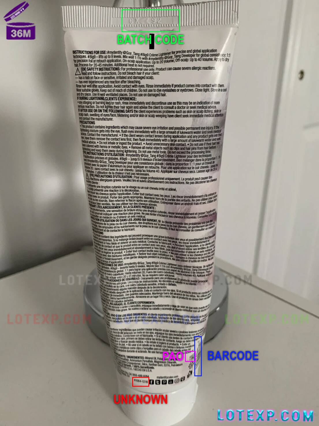 Mydentity Lot Number Check 2 Close-up of a Mydentity hair mask or styling product bottle with a visible batch code, highlighting date checking for grooming.