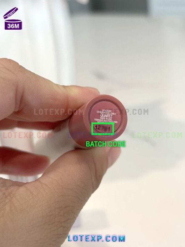 Rose Inc Batch Code Checker 3 Rose Inc Satin Lip Color stick, focusing on the bottom with the batch code