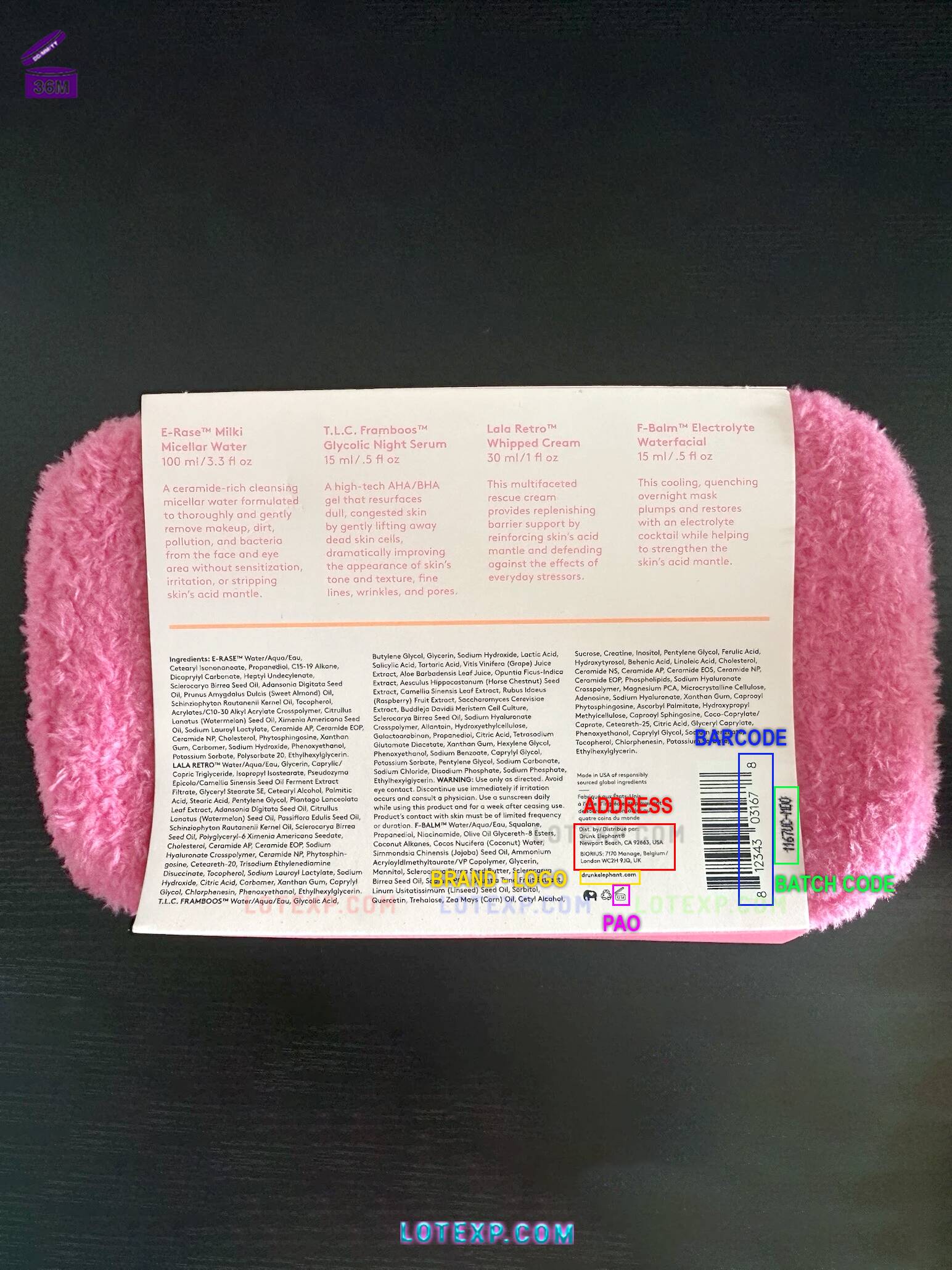 Drunk Elephant Batch Code Checker 20 Image showing Drunk Elephant skincare product with a batch code being checked on Lotexp.com