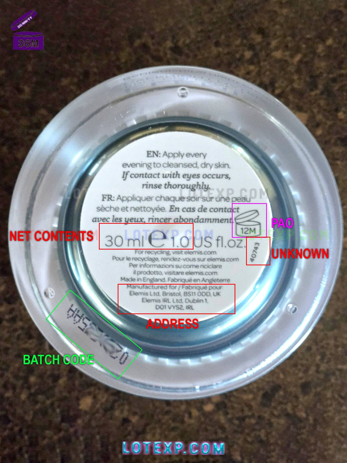 Elemis Batch Code Checker 11 Elemis facial exfoliator tube or jar, showing batch code for dating.