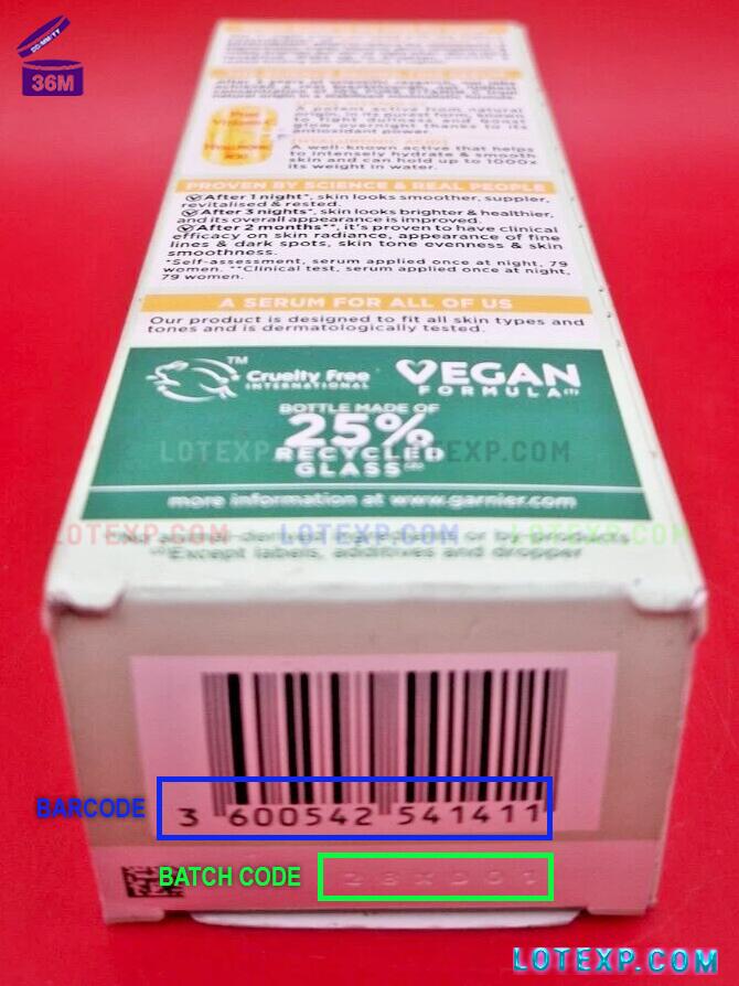 Garnier Batch Code 4 Garnier Intensive 7 Days Body Lotion tube, displaying its batch code for fresh date checking on Lotexp.com.