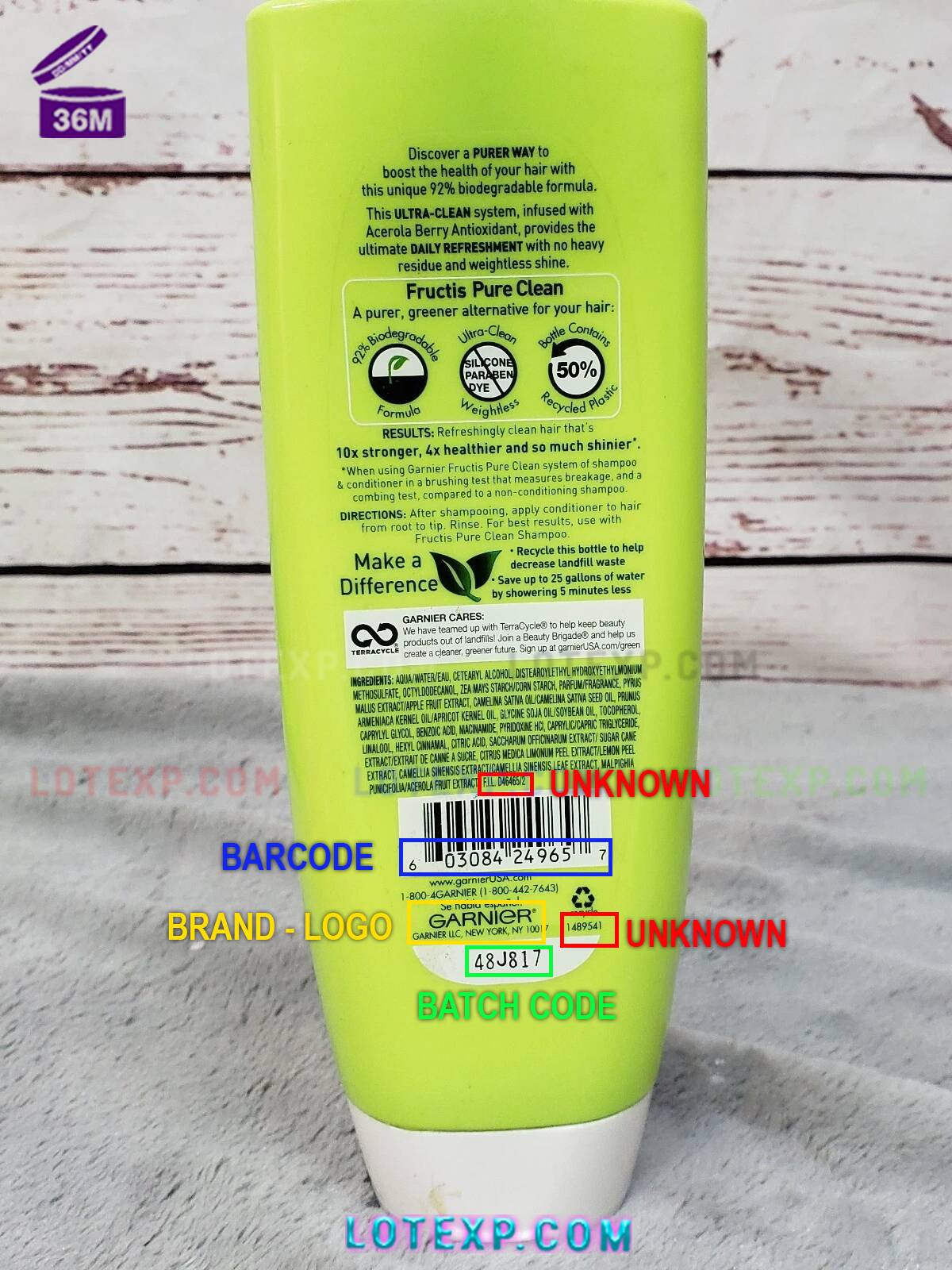 Garnier Batch Code 5 A bottle of Garnier gentle cleansing milk, with its batch code displayed for manufacturing date lookup on Lotexp.com.