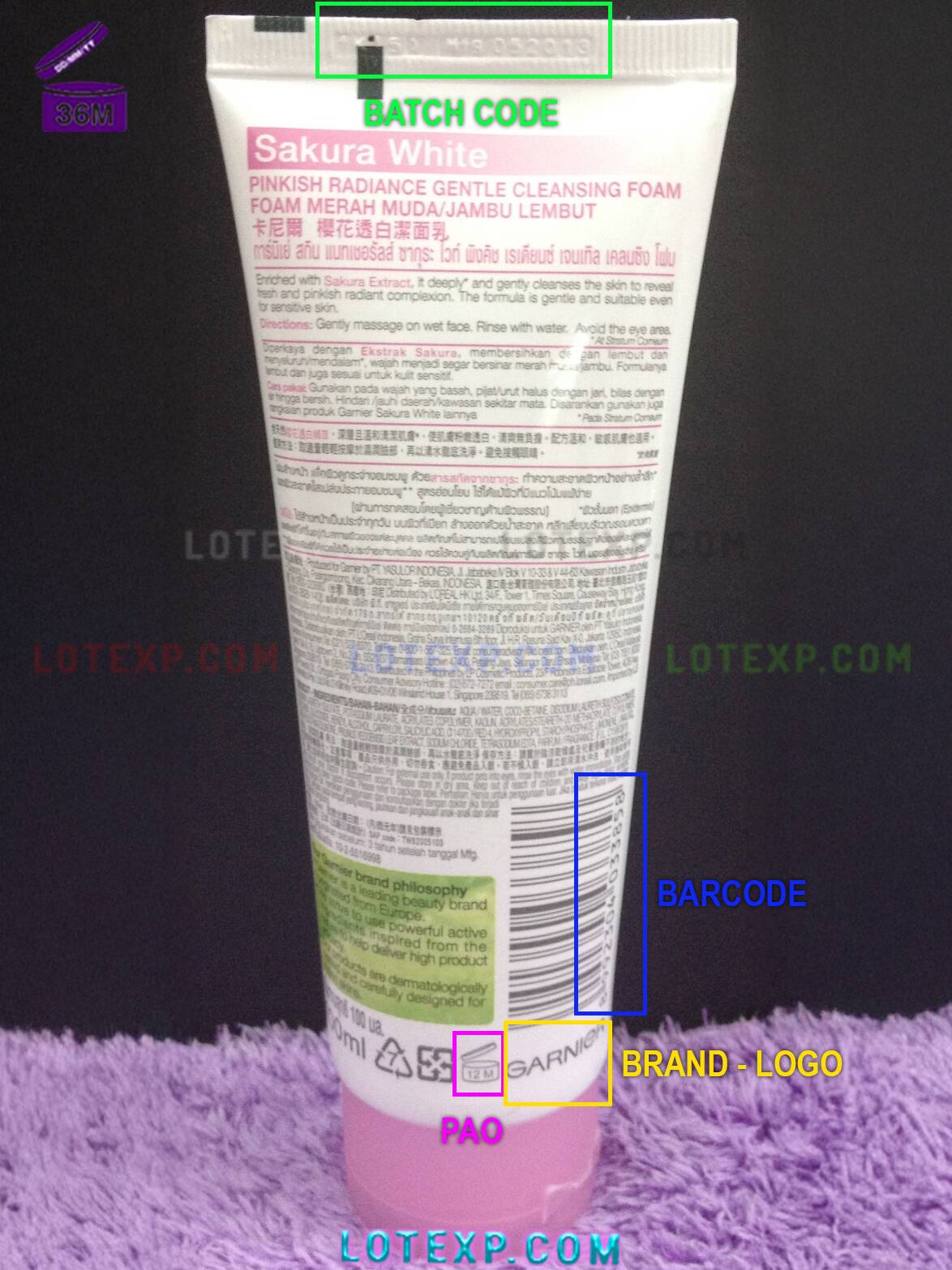 Garnier Batch Code 8 A tube of Garnier Fructis leave-in hair cream, with its batch code for fresh date calculation on Lotexp.com.
