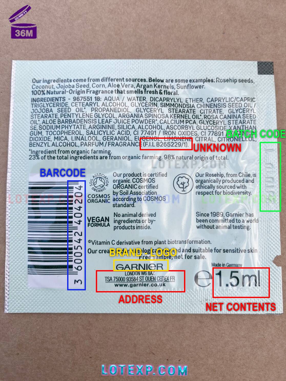 Garnier Batch Code 11 A tube of Garnier hydrating hand cream, with its batch code highlighted for finding its dates on Lotexp.com.