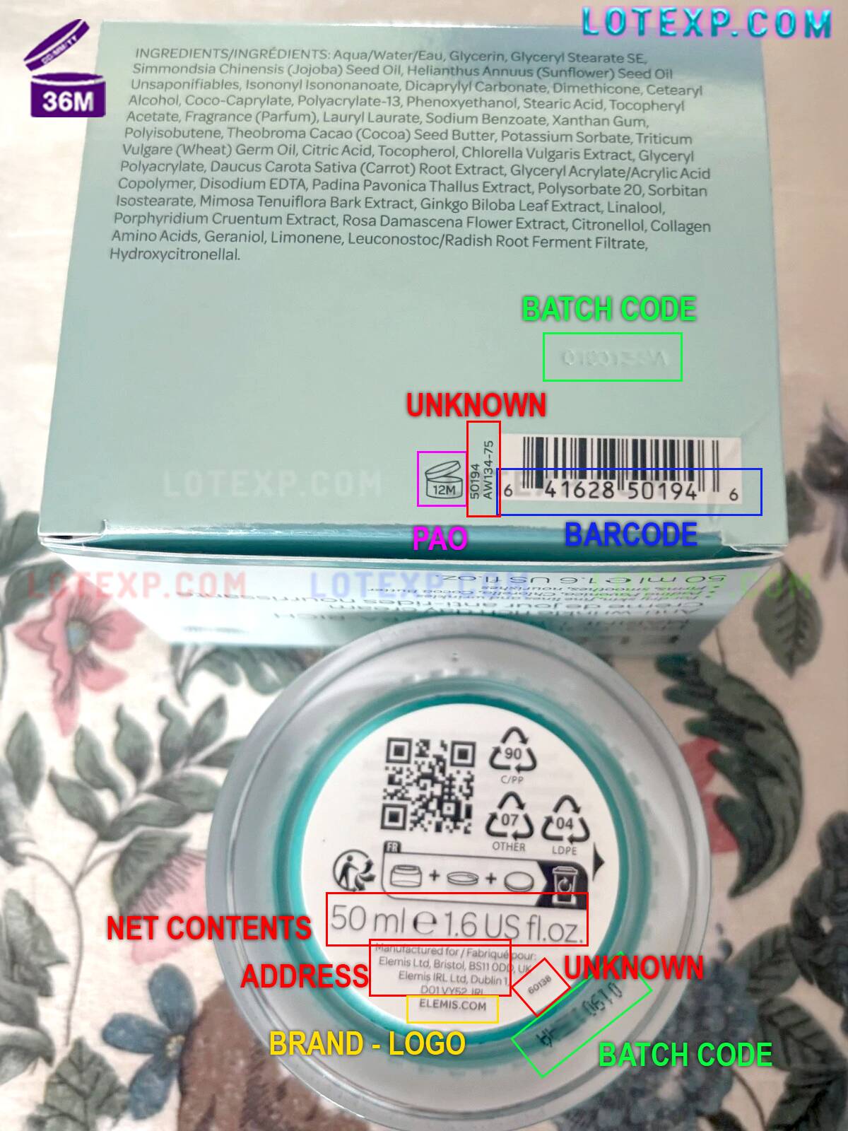 Elemis Batch Code Checker 25 Elemis hand cream tube, showing its batch number.