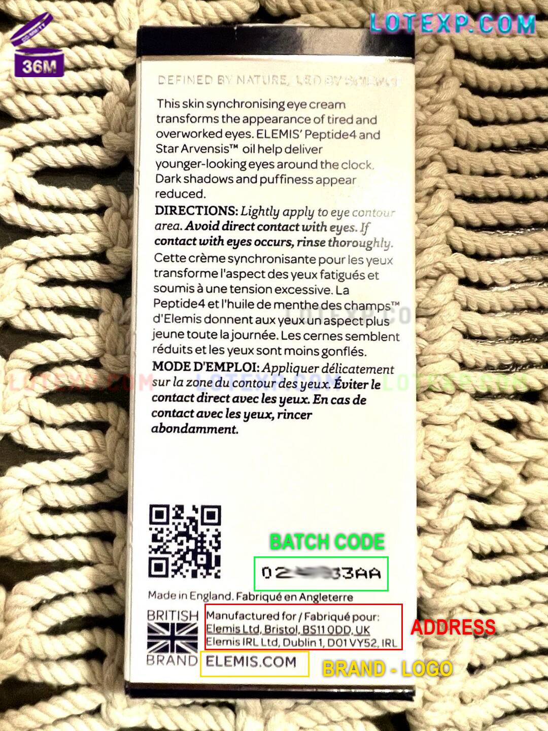 Elemis Batch Code Checker 26 Elemis facial serum bottle, with a magnifying glass over its batch code.