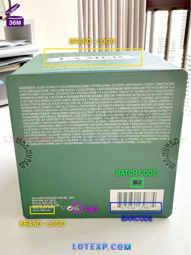 La Mer Expiration Date 10 La Mer Soft Fluid Long Wear Foundation bottle with Lotexp.com date check interface.