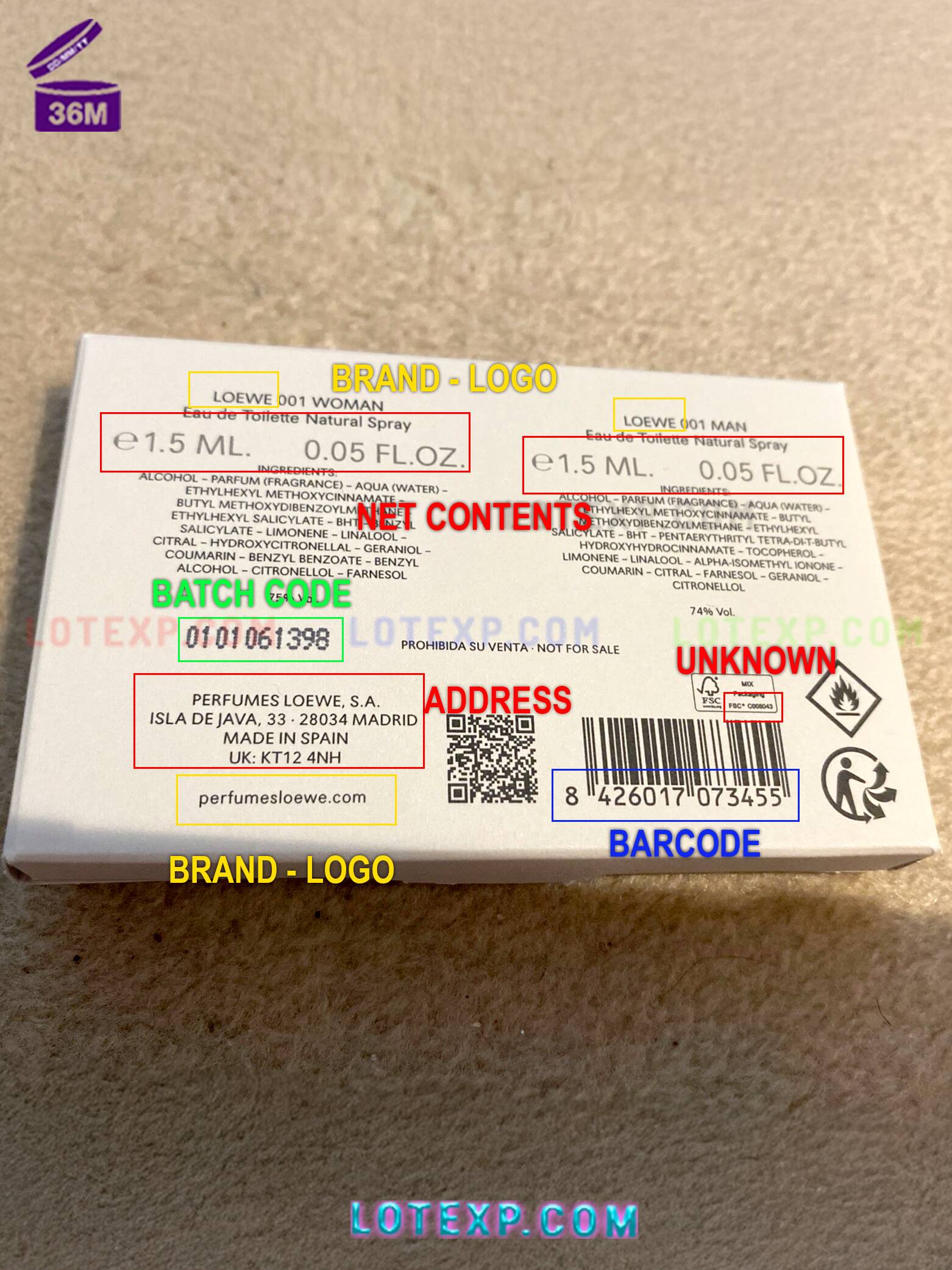 Loewe Batch Code 7 A Loewe makeup item (e.g., lipstick) with a visible batch code, emphasizing date calculation via Lotexp.com