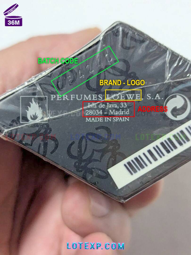 Loewe Batch Code 9 Close-up of a Loewe perfume bottle with a batch code, ready for date checking on Lotexp.com