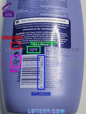 Nivea hair shampoo bottle, showing its batch number.