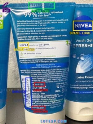 Nivea Repair & Care Body Lotion bottle, with its batch code highlighted.