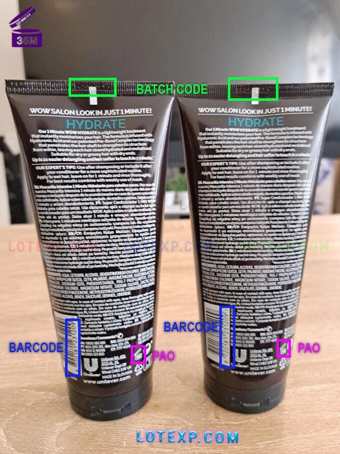 Tresemmé Batch Code 6 A Tresemme Anti-Breakage product bottle, with an arrow pointing to the batch code area for date checking.