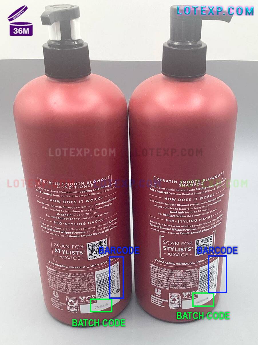 Tresemmé Batch Code 13 A Tresemme Scalp Care product bottle on a bathroom shelf, with its batch code visible for date verification.