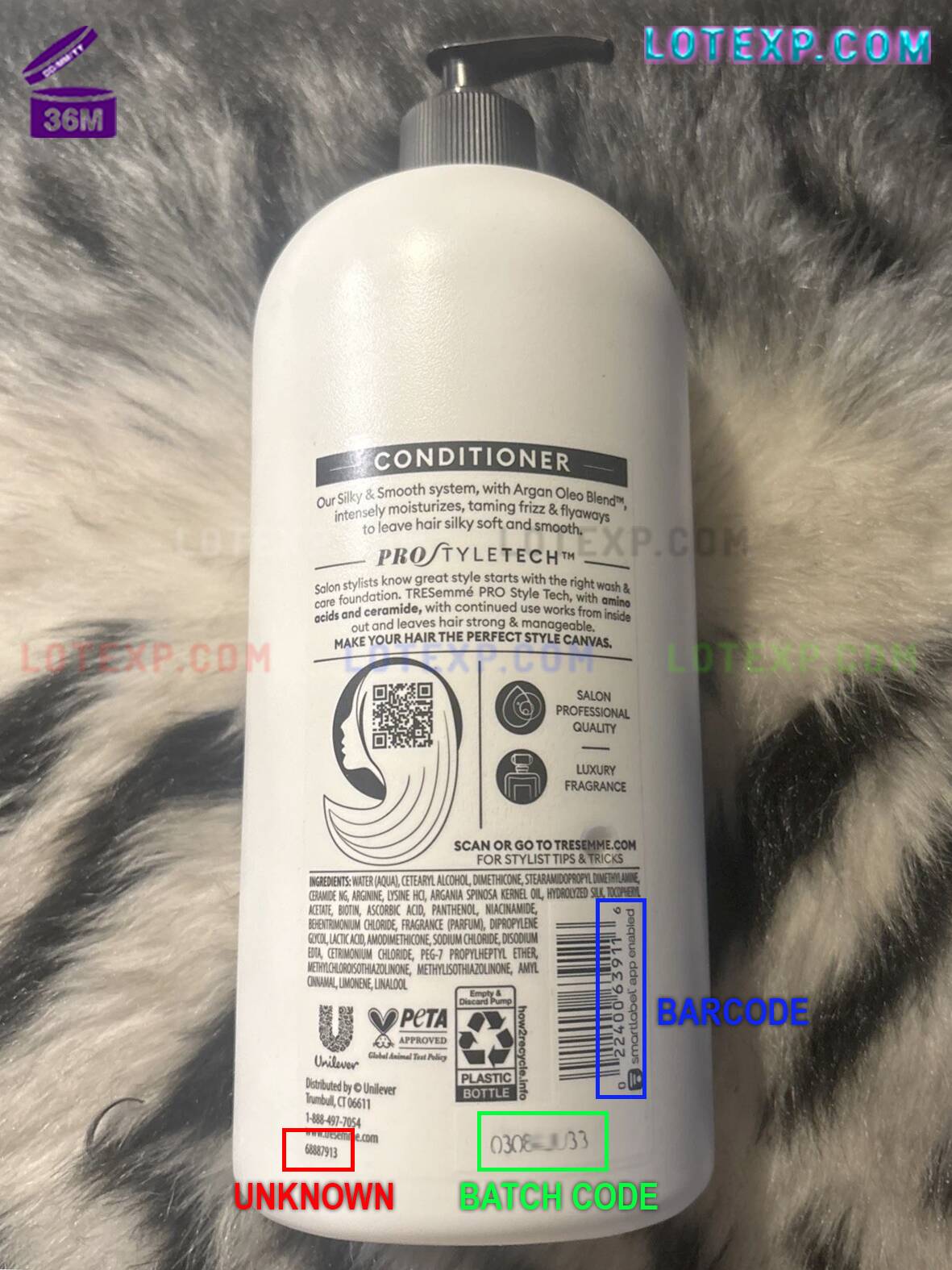 Tresemmé Batch Code 14 Image showing a Tresemme Keratin Smooth Shampoo bottle with a batch code highlighted, next to a smartphone displaying Lotexp.com.