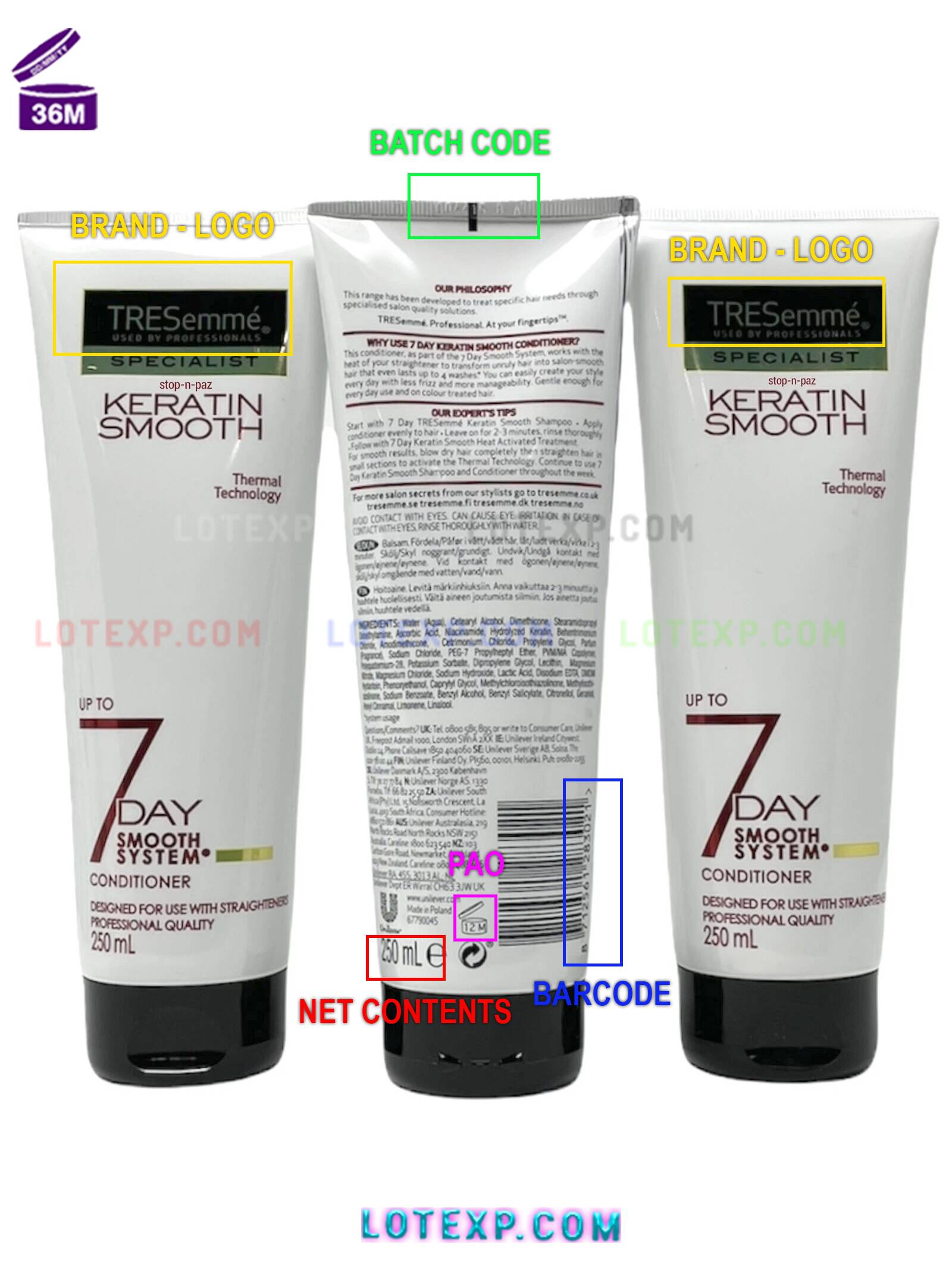 Tresemmé Batch Code 15 A Tresemme TRES Two Extra Hold Hairspray can with a batch code, next to a phone showing the Lotexp.com interface.